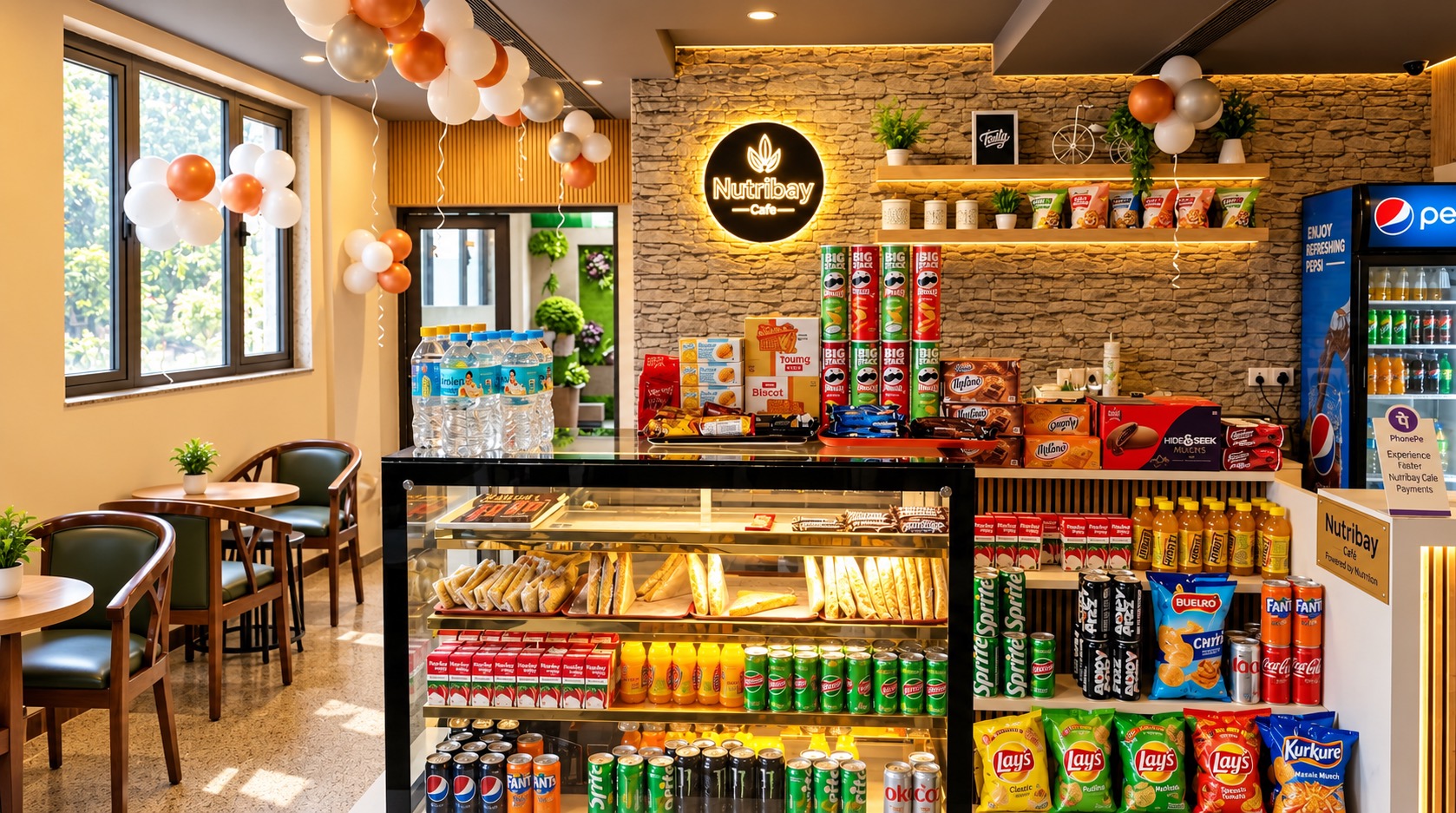 Inside a NutriBay Cafe outlet, with a counter stocked with snacks, drinks and fresh food