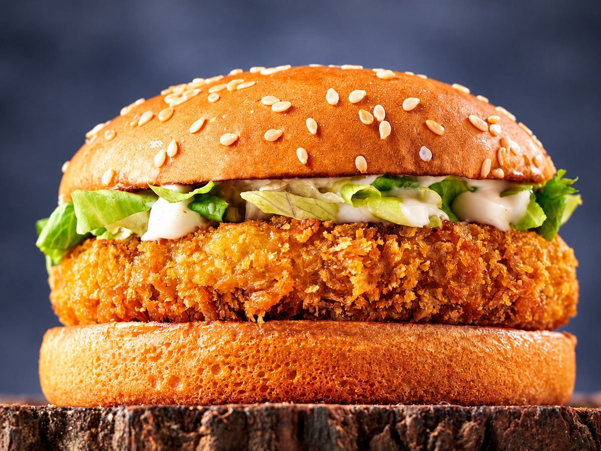 A crispy veg burger in a toasted sesame bun