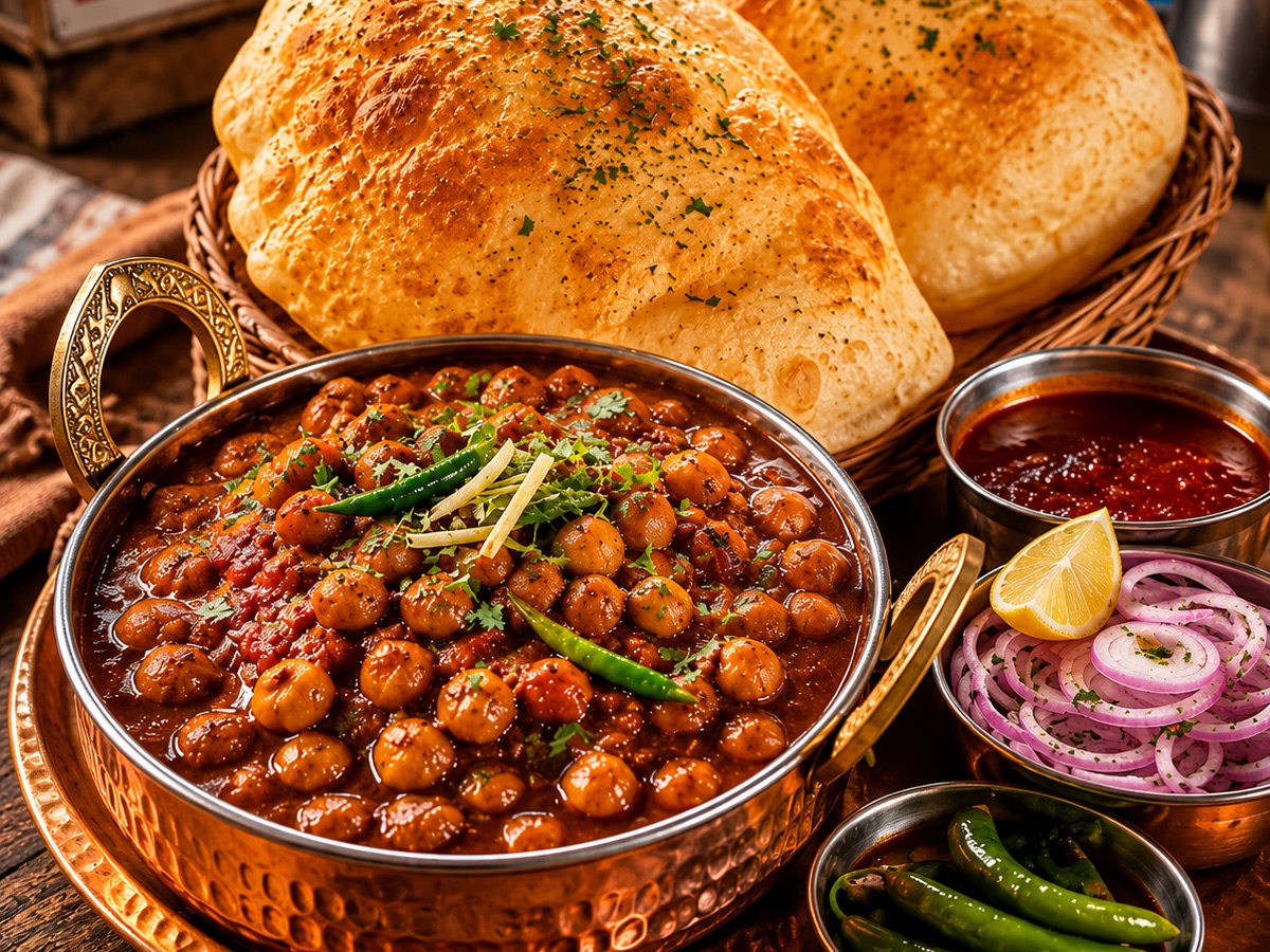 Chole bhature served with onions, chillies and chutney