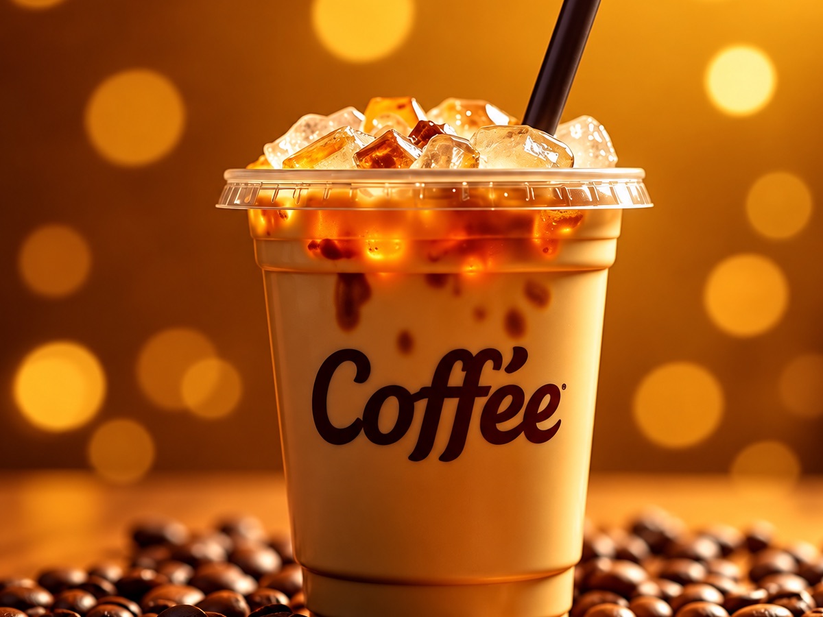 A tall glass of cold coffee topped with ice