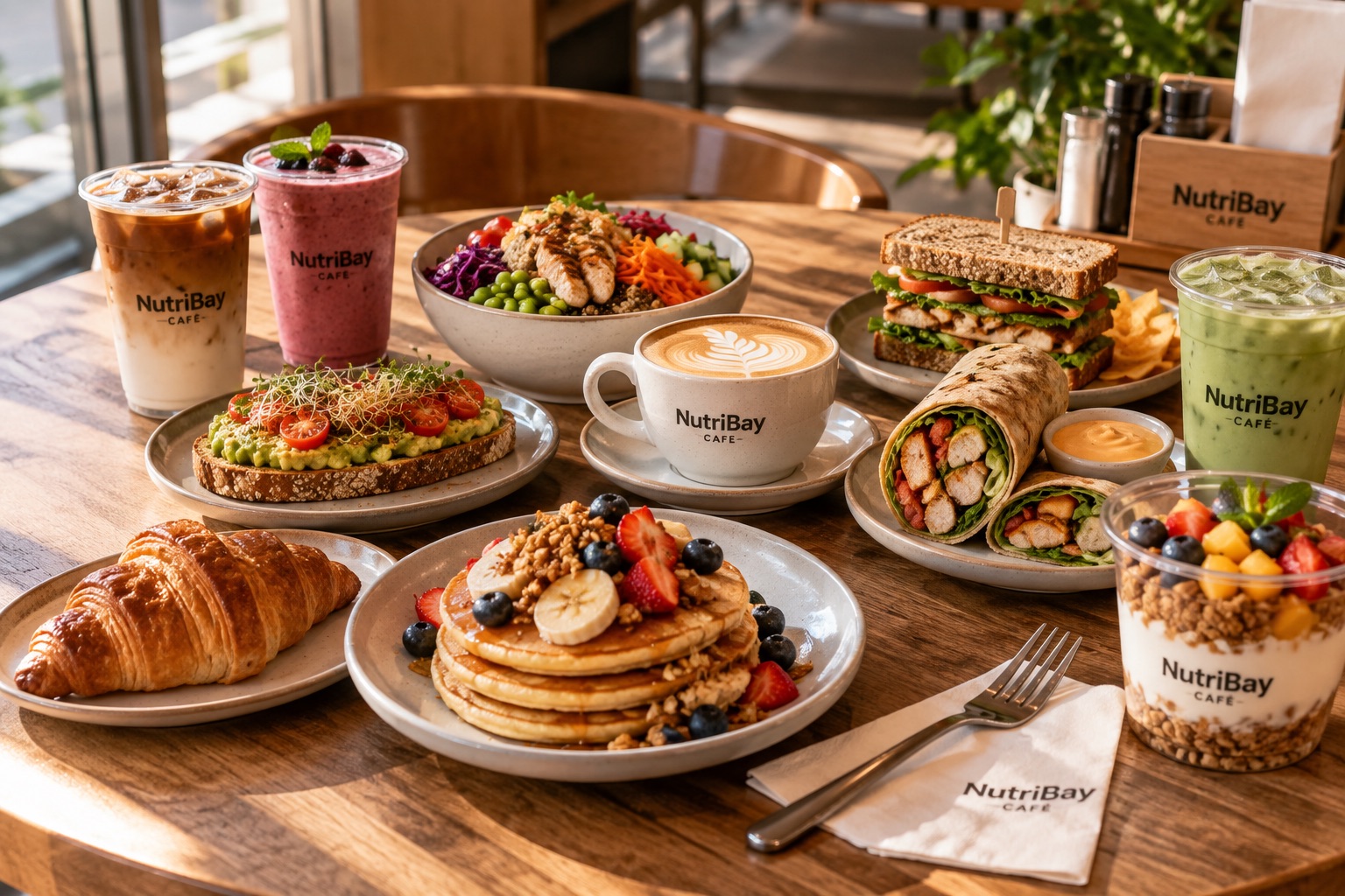 A spread of NutriBay dishes including coffee, salad, sandwiches, wraps, pancakes and smoothies